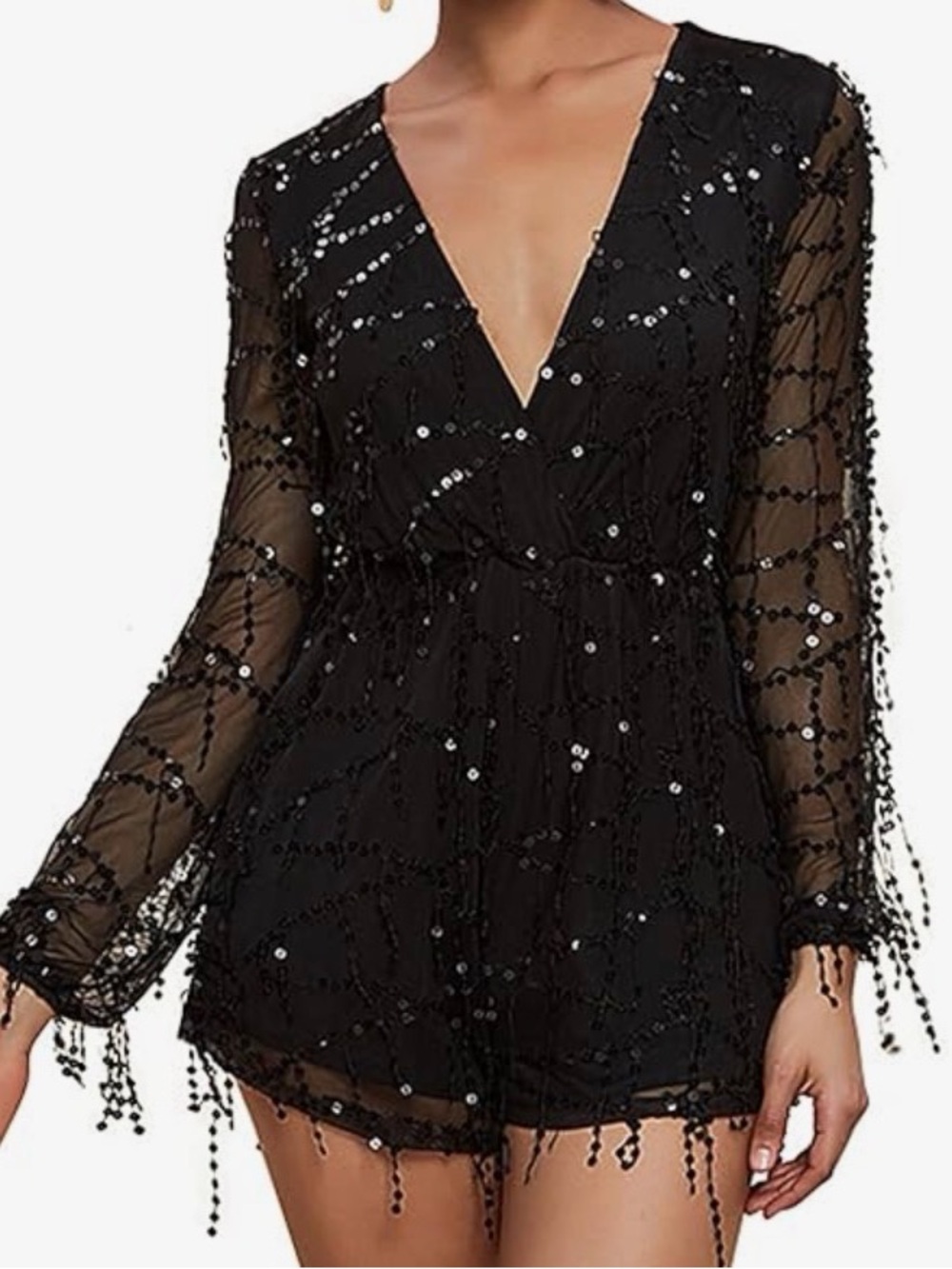Black Sequin Long-Sleeve Romper